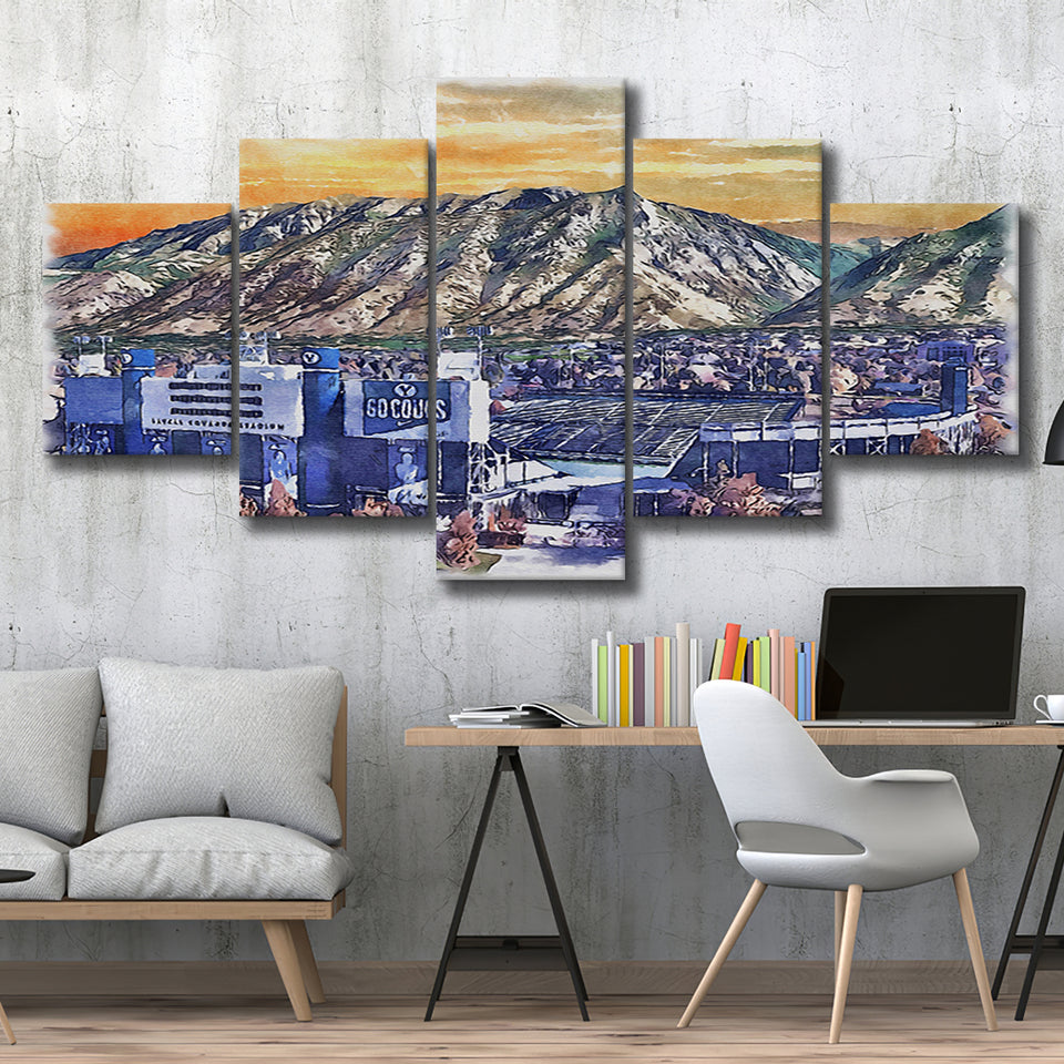 BYU Cougars LaVell Edwards Stadium Watercolor, 5 Pieces, Multi Panel Canvas Prints Wall Art Decor