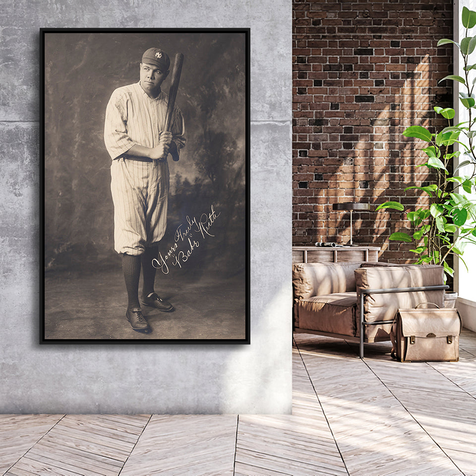 Babe Ruth Black And White Print, The Bambino Framed Canvas Prints Wall Art Home Decor, Floating Frame