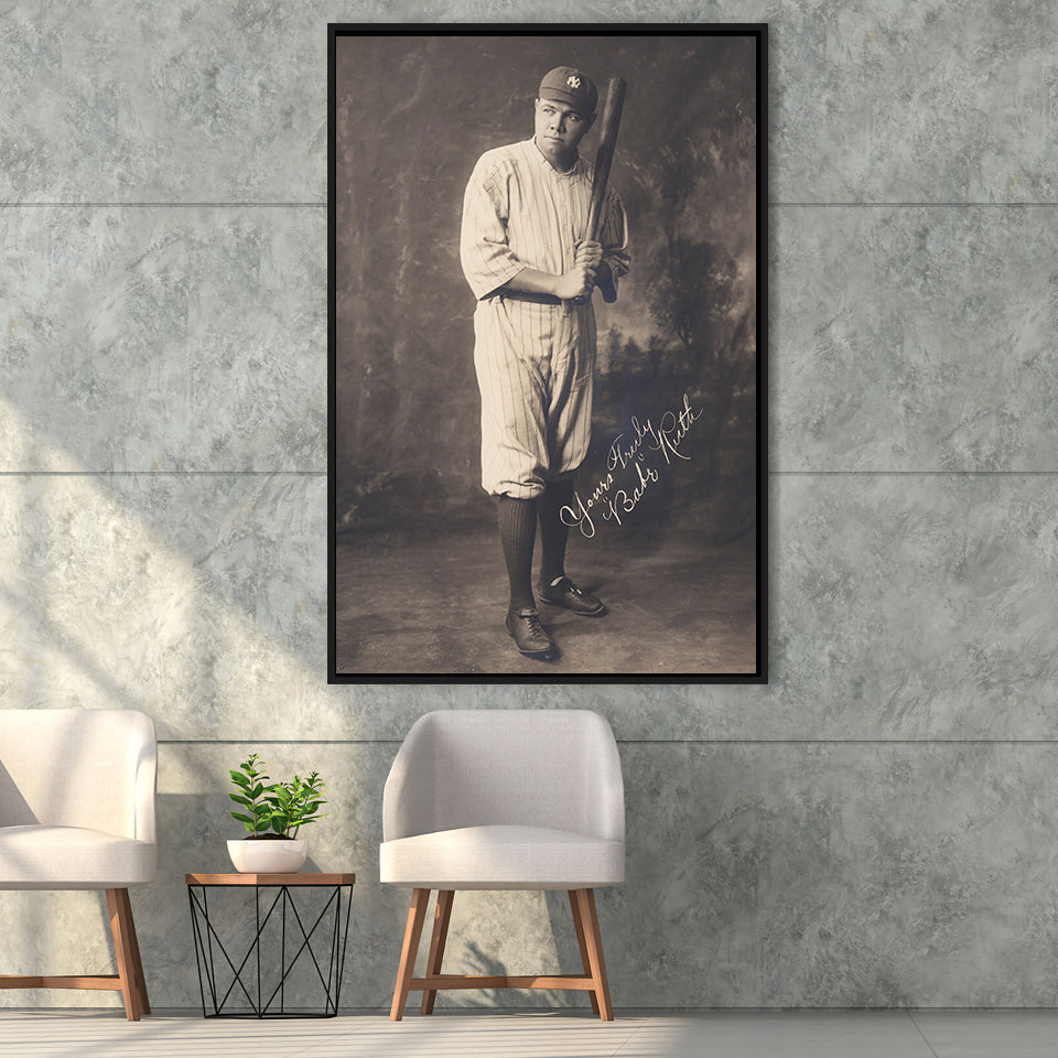 Babe Ruth Black And White Print, The Bambino Framed Canvas Prints Wall Art Home Decor, Floating Frame