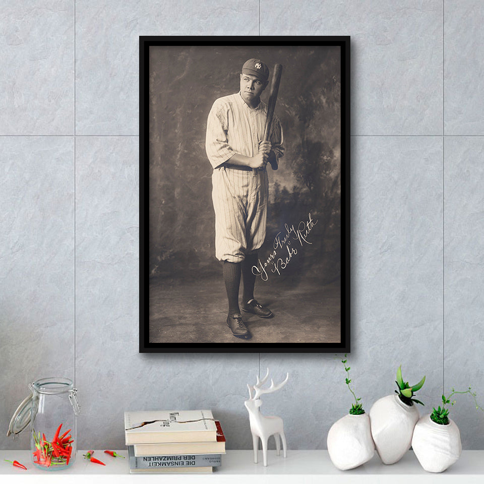 Babe Ruth Black And White Print, The Bambino Framed Canvas Prints Wall Art Home Decor, Floating Frame