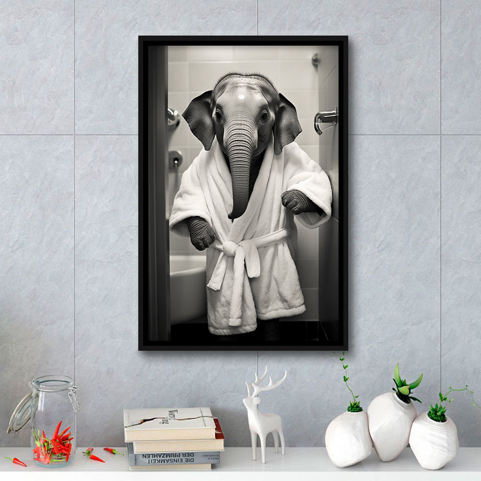 Baby Elephant Wearing Bathrobe In Bathroom Art,Framed Canvas Prints,Floating Frame, Wall Art Home Decor