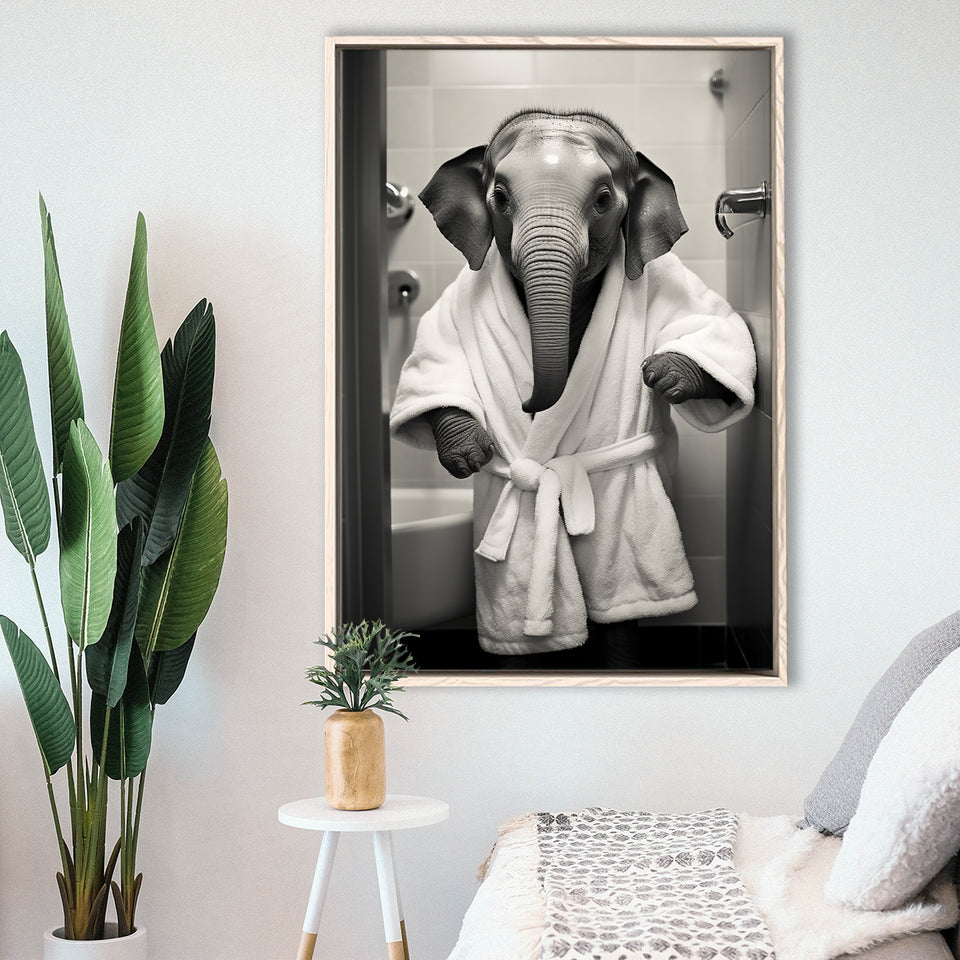 Baby Elephant Wearing Bathrobe In Bathroom Art,Framed Canvas Prints,Floating Frame, Wall Art Home Decor