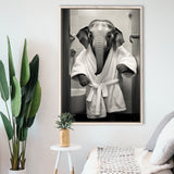 Baby Elephant Wearing Bathrobe In Bathroom Art,Framed Canvas Prints,Floating Frame, Wall Art Home Decor