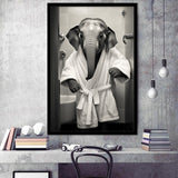 Baby Elephant Wearing Bathrobe In Bathroom Art, Painting Art, Framed Art Prints Wall Decor