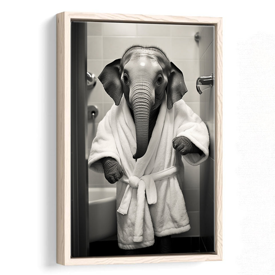 Baby Elephant Wearing Bathrobe In Bathroom Art,Framed Canvas Prints,Floating Frame, Wall Art Home Decor
