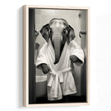 Baby Elephant Wearing Bathrobe In Bathroom Art,Framed Canvas Prints,Floating Frame, Wall Art Home Decor