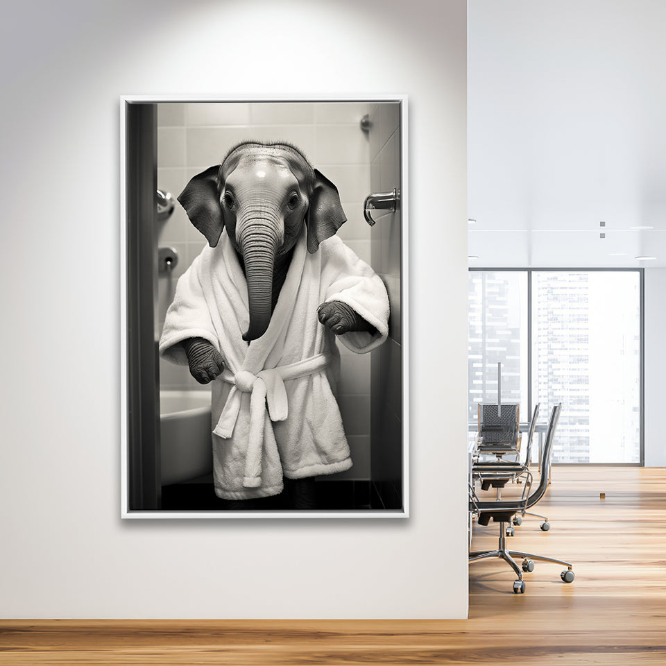 Baby Elephant Wearing Bathrobe In Bathroom Art,Framed Canvas Prints,Floating Frame, Wall Art Home Decor