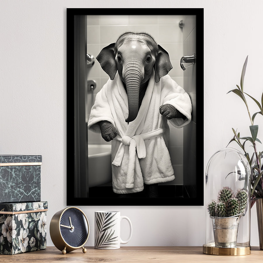 Baby Elephant Wearing Bathrobe In Bathroom Art, Painting Art, Framed Art Prints Wall Decor