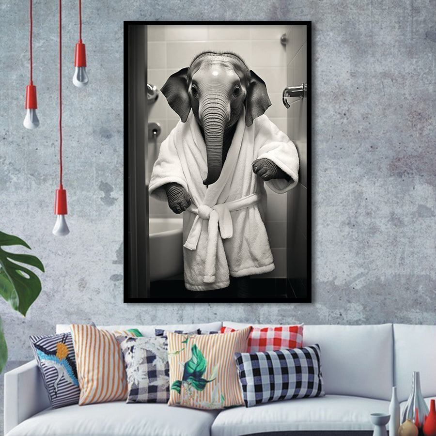 Baby Elephant Wearing Bathrobe In Bathroom Art, Painting Art, Framed Art Prints Wall Decor