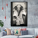 Baby Elephant Wearing Bathrobe In Bathroom Art, Painting Art, Framed Art Prints Wall Decor