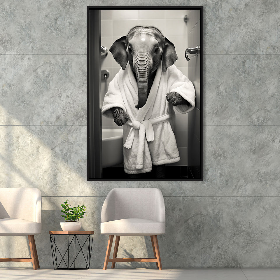 Baby Elephant Wearing Bathrobe In Bathroom Art,Framed Canvas Prints,Floating Frame, Wall Art Home Decor