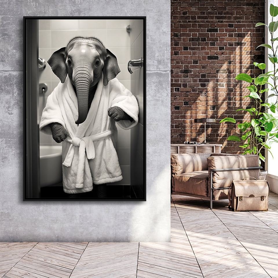 Baby Elephant Wearing Bathrobe In Bathroom Art,Framed Canvas Prints,Floating Frame, Wall Art Home Decor