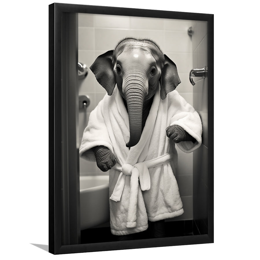 Baby Elephant Wearing Bathrobe In Bathroom Art, Painting Art, Framed Art Prints Wall Decor