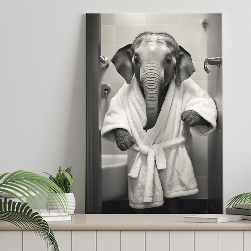 Baby Elephant Wearing Bathrobe In Bathroom Art, Painting Art, Canvas Prints Wall Art Home Decor