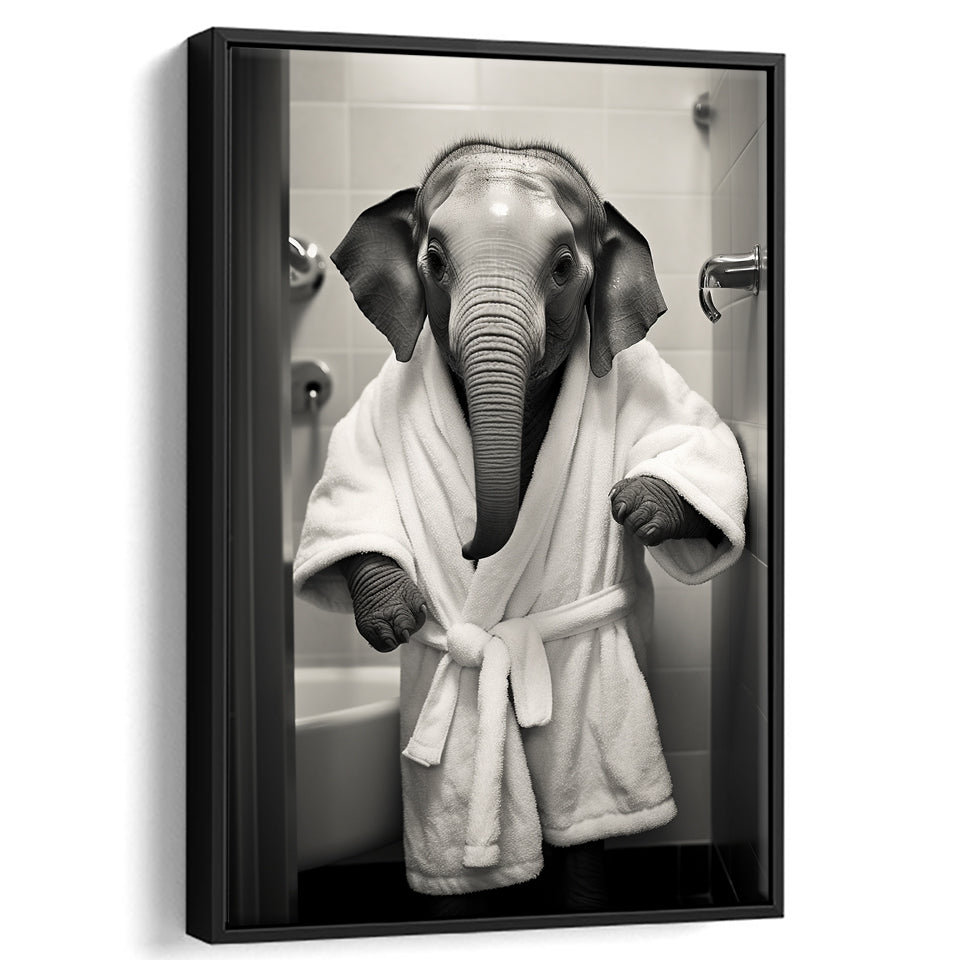 Baby Elephant Wearing Bathrobe In Bathroom Art,Framed Canvas Prints,Floating Frame, Wall Art Home Decor