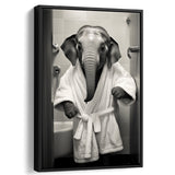 Baby Elephant Wearing Bathrobe In Bathroom Art,Framed Canvas Prints,Floating Frame, Wall Art Home Decor