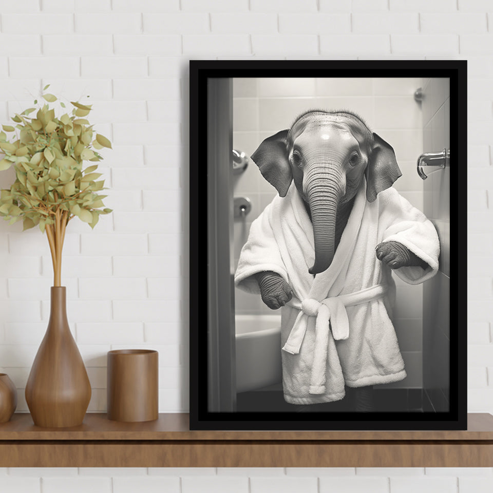 Baby Elephant Wearing Bathrobe In Bathroom Art,Framed Canvas Prints,Floating Frame, Wall Art Home Decor