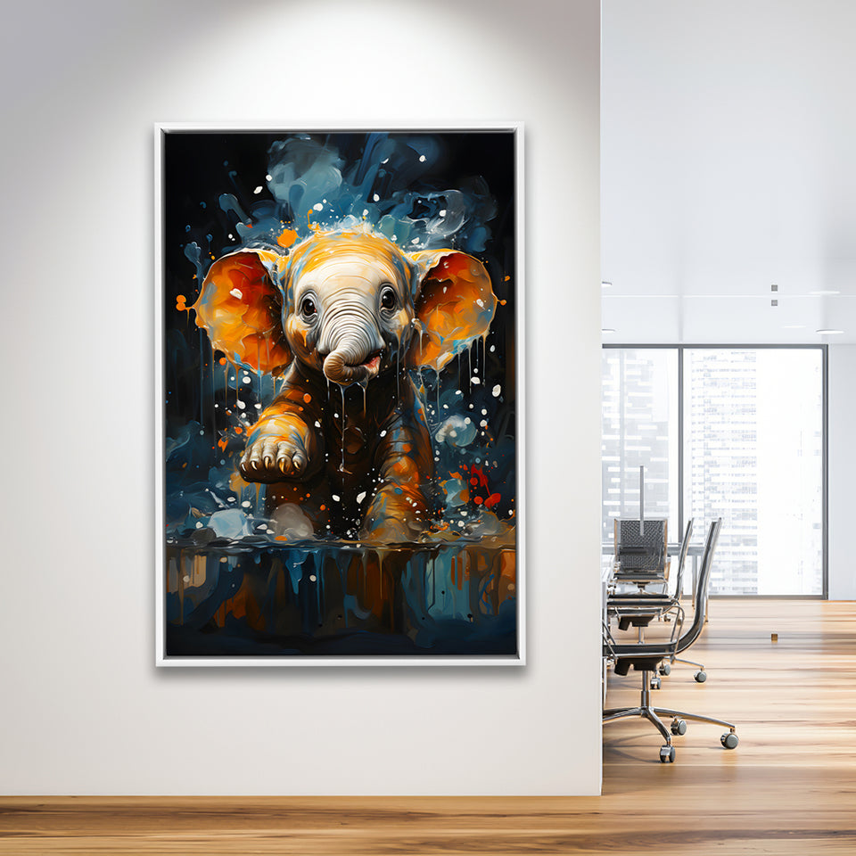 Baby Elephant Cute In Bathroom Framed Canvas Prints Wall Art Home Decor, Painting Canvas, Floating Frame
