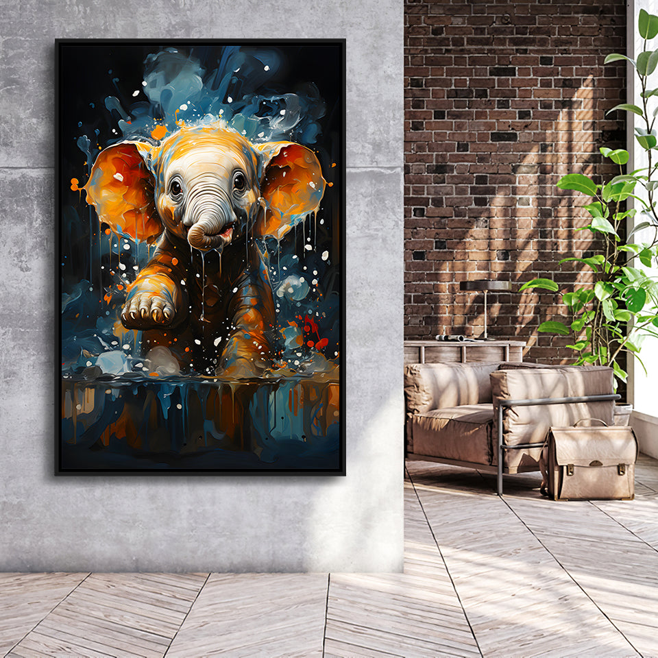 Baby Elephant Cute In Bathroom Framed Canvas Prints Wall Art Home Decor, Painting Canvas, Floating Frame