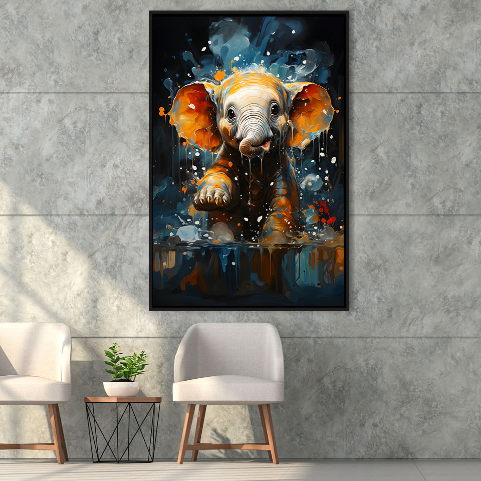 Baby Elephant Cute In Bathroom Framed Canvas Prints Wall Art Home Decor, Painting Canvas, Floating Frame