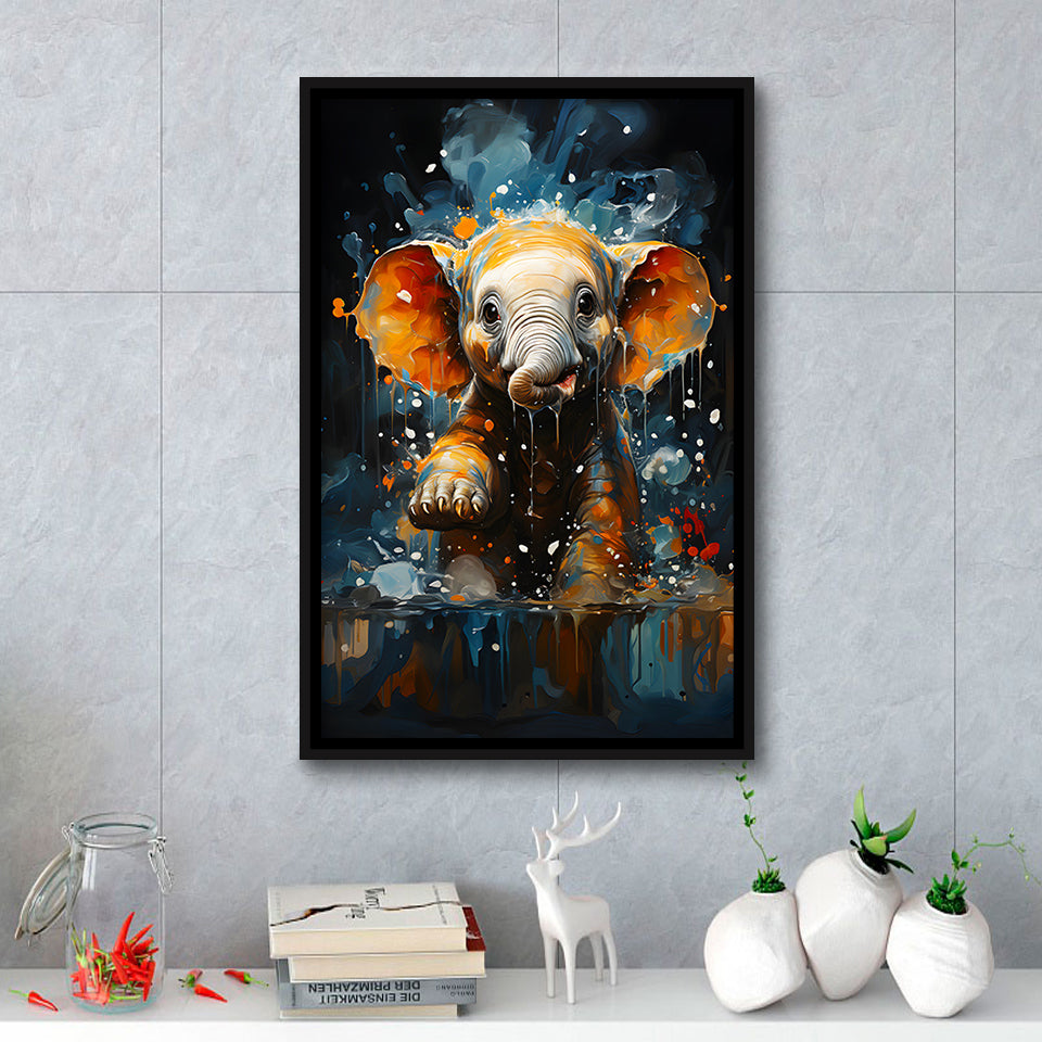 Baby Elephant Cute In Bathroom Framed Canvas Prints Wall Art Home Decor, Painting Canvas, Floating Frame