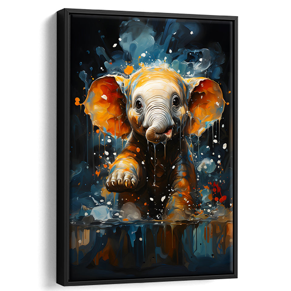 Baby Elephant Cute In Bathroom Framed Canvas Prints Wall Art Home Decor, Painting Canvas, Floating Frame