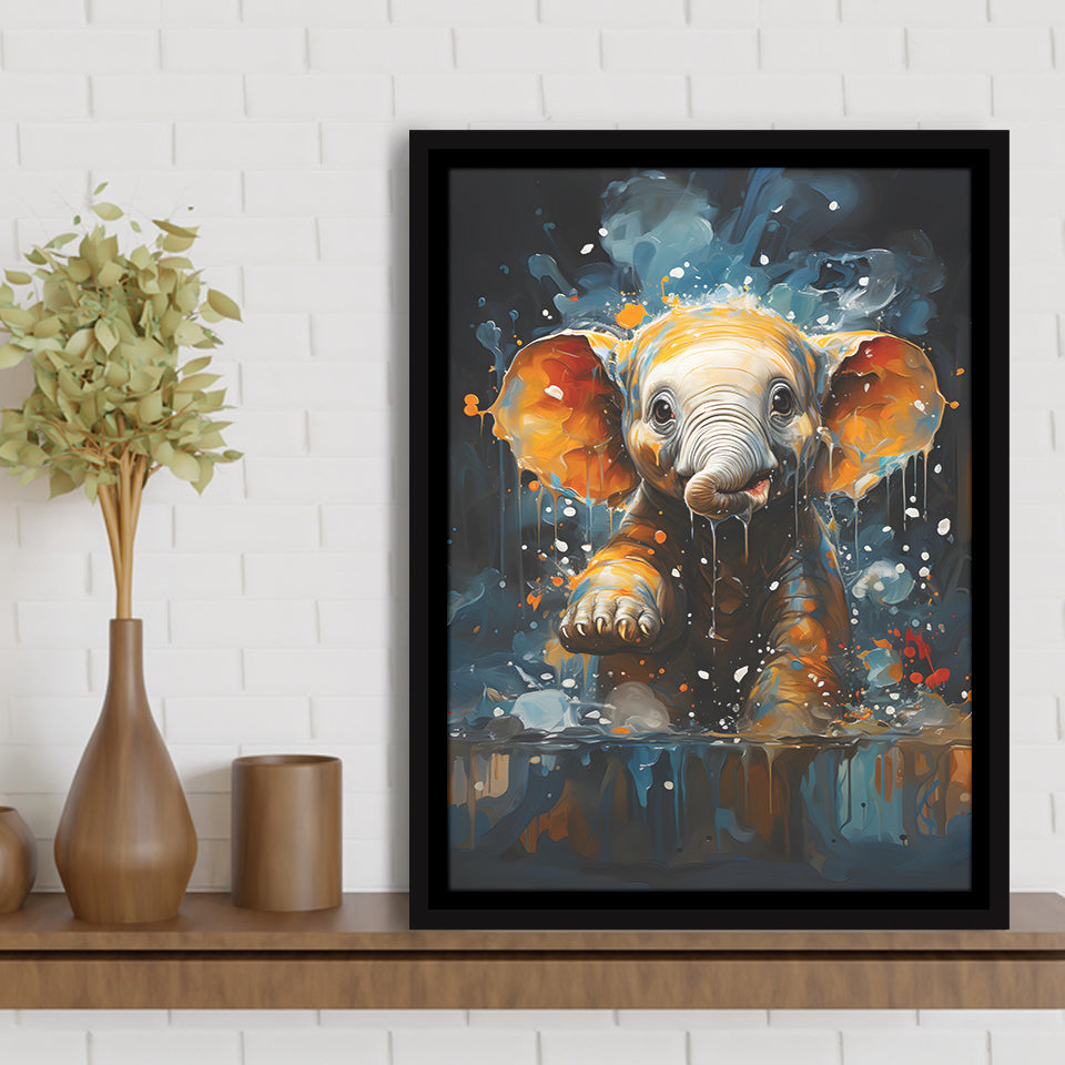 Baby Elephant Cute In Bathroom Framed Canvas Prints Wall Art Home Decor, Painting Canvas, Floating Frame