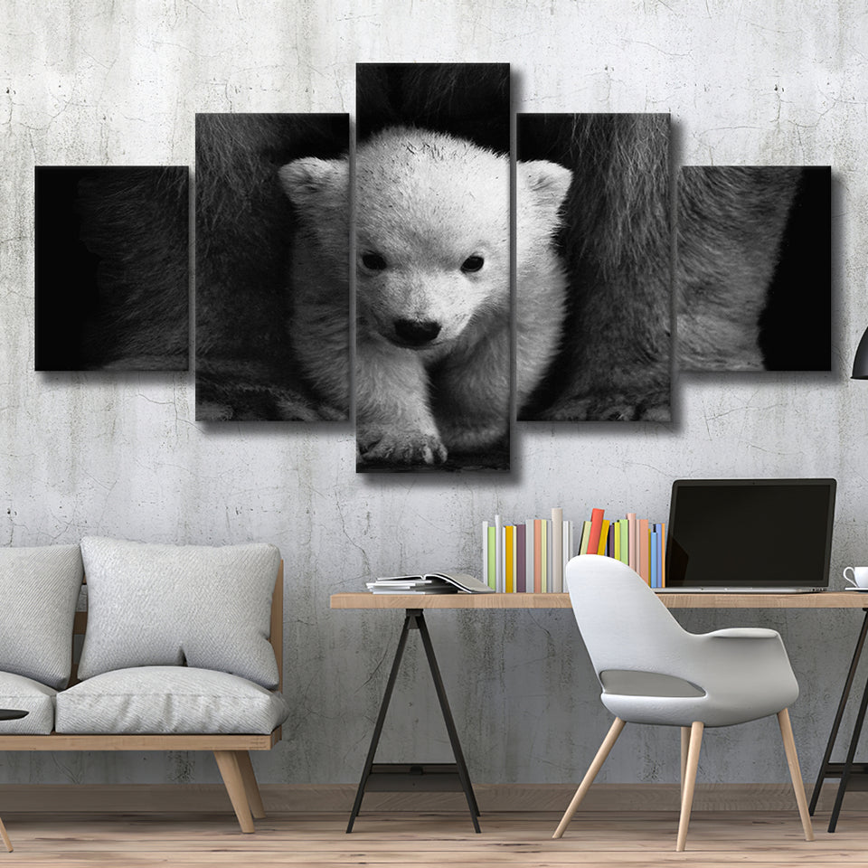 Baby Polar Bear, Animal Black And White, Multi Panels, 5 Pieces, Canvas Prints Wall Art Home Decor