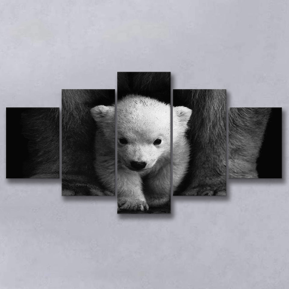 Baby Polar Bear, Animal Black And White, Multi Panels, 5 Pieces, Canvas Prints Wall Art Home Decor