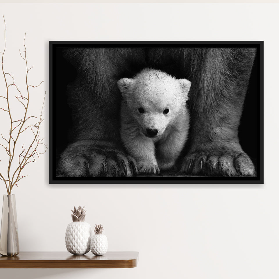 Baby Polar Bear, Animal Black And White, Framed Canvas Prints Wall Art Home Decor,Floating Frame, Ready to Hang
