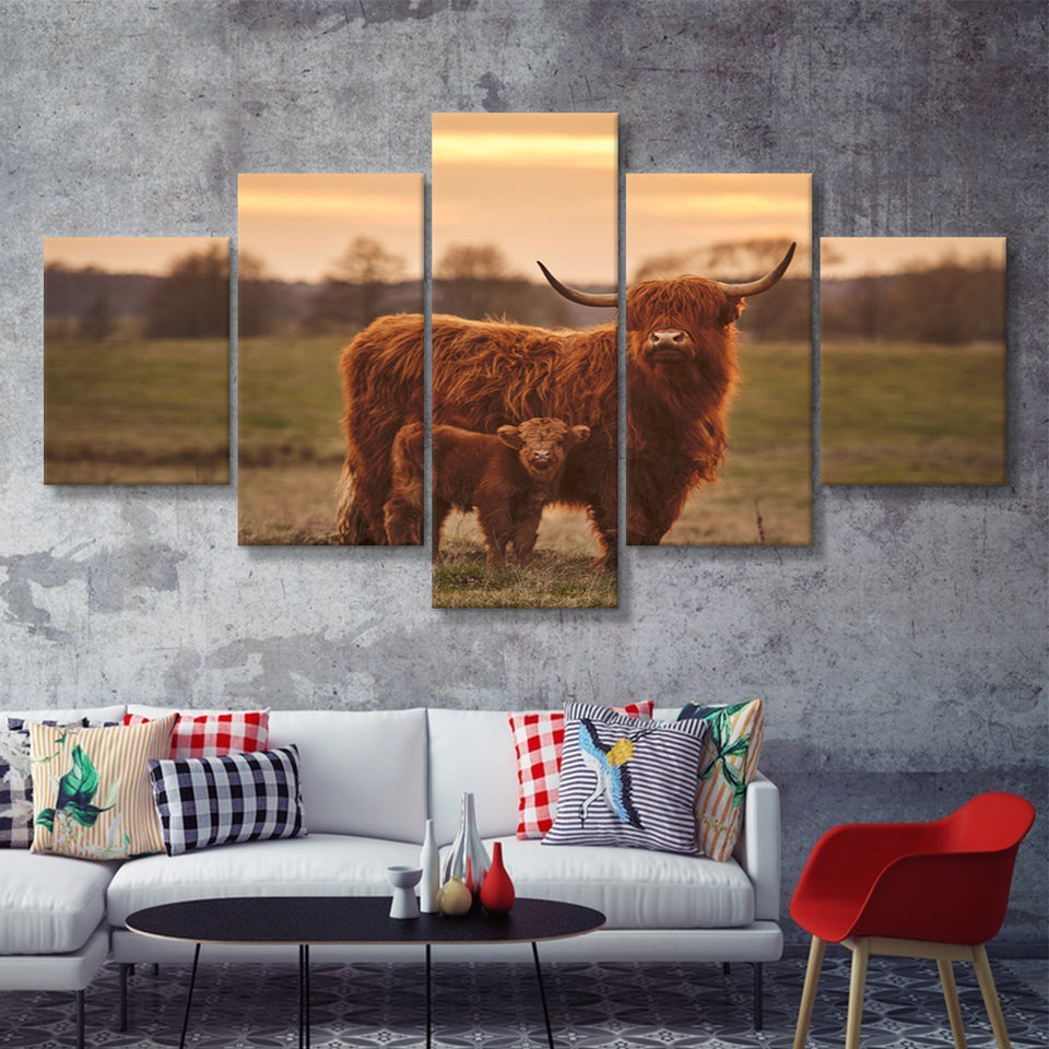 Baby Scottish Highland Cow  5 Pieces Canvas Prints Wall Art - Painting Canvas, Multi Panels, 5 Panel, Wall Decor