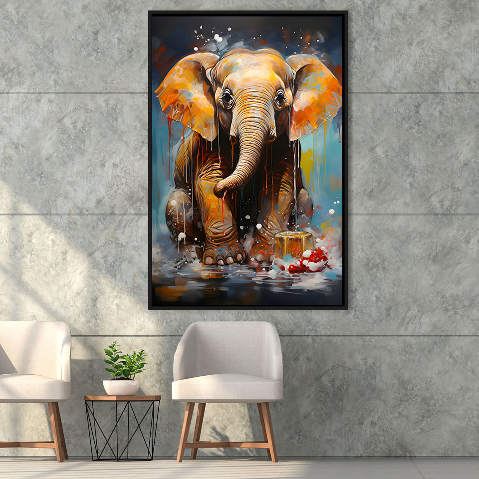 Baby Elephant Sitting In Bathroom Framed Canvas Prints Wall Art Home Decor, Painting Canvas, Floating Frame