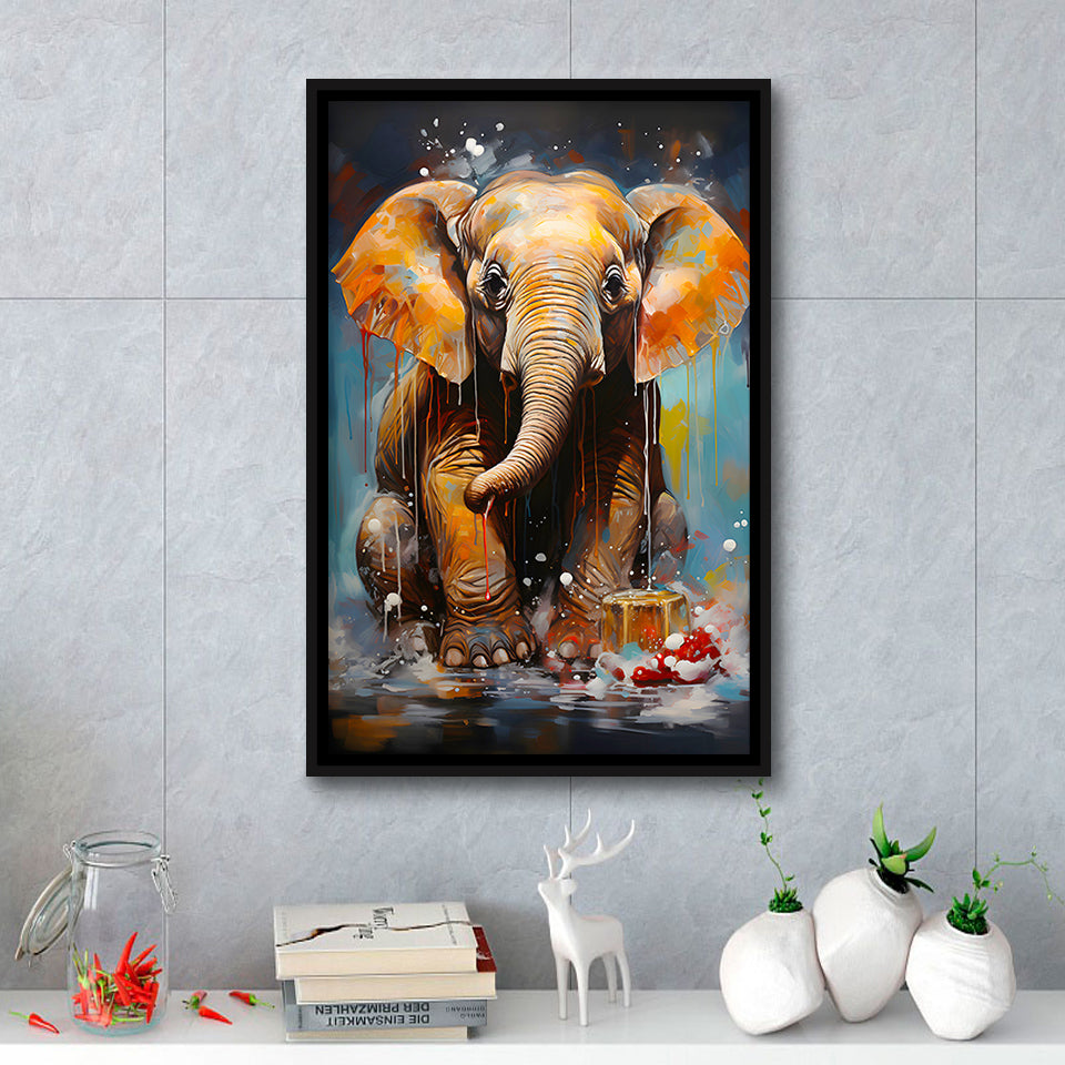 Baby Elephant Sitting In Bathroom Framed Canvas Prints Wall Art Home Decor, Painting Canvas, Floating Frame