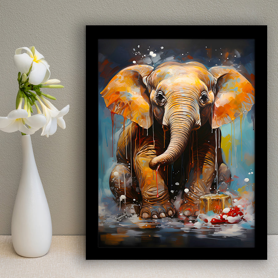 Baby Elephant Sitting In Bathroom Framed Art Prints Wall Decor, Painting Art, Framed Picture