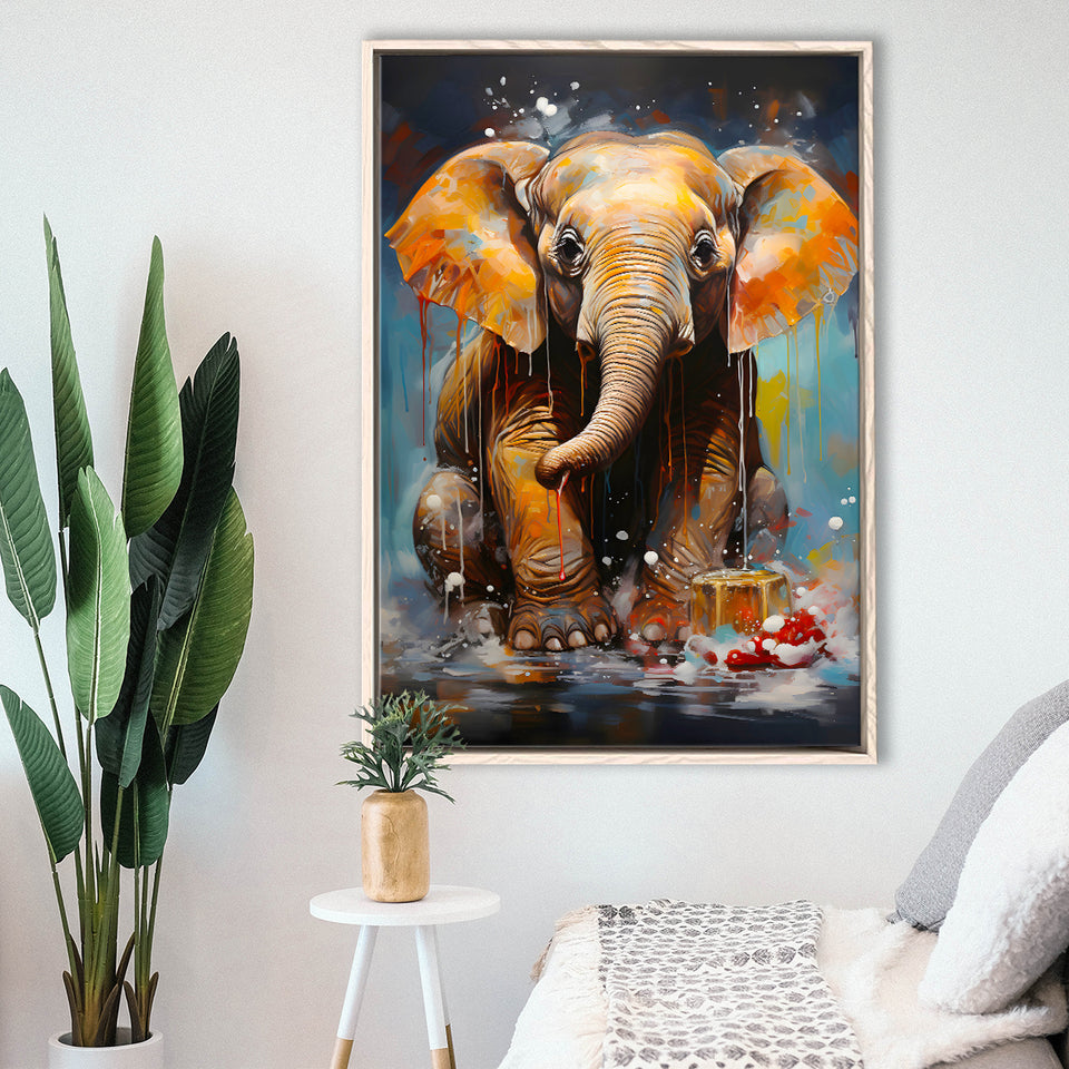 Baby Elephant Sitting In Bathroom Framed Canvas Prints Wall Art Home Decor, Painting Canvas, Floating Frame
