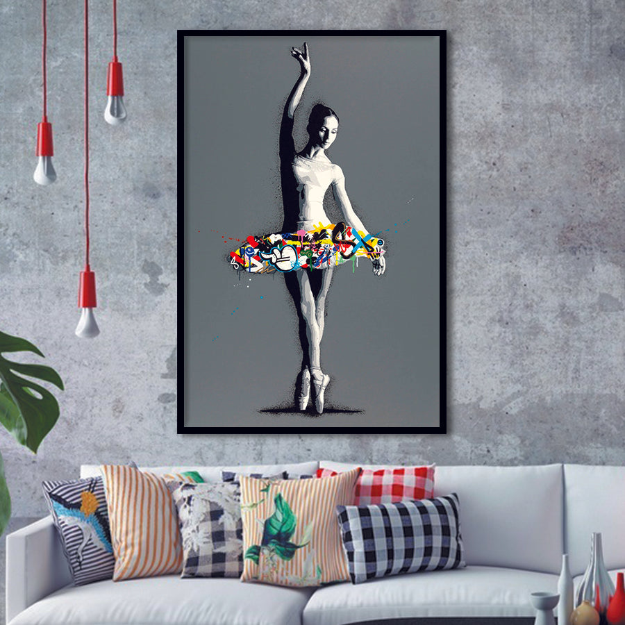Ballerina Dancing Girl Modern Street Art Graffiti, Framed Art Prints Wall Art Home Decor, Ready to Hang