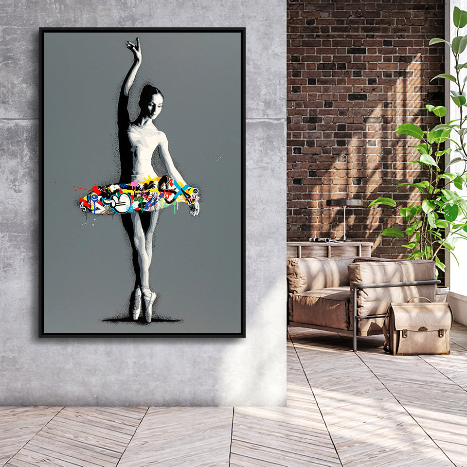 Ballerina Dancing Girl Modern Street Art Graffiti, Framed Canvas Prints Wall Art Home Decor,Floating Frame, Ready to Hang