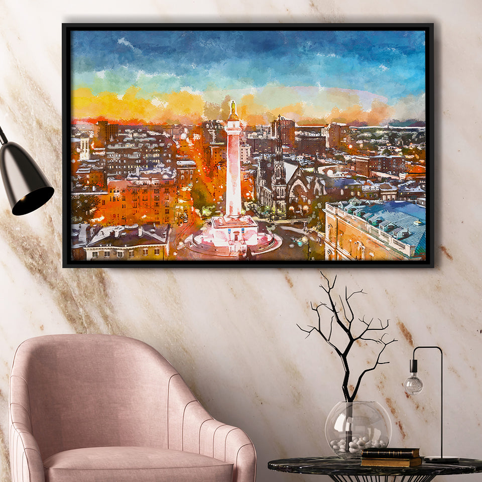 Baltimore Maryland Usa Cityscape Mt Vernon City Art Watercolor Framed Canvas Prints Wall Art Home Decor,Floating Frame