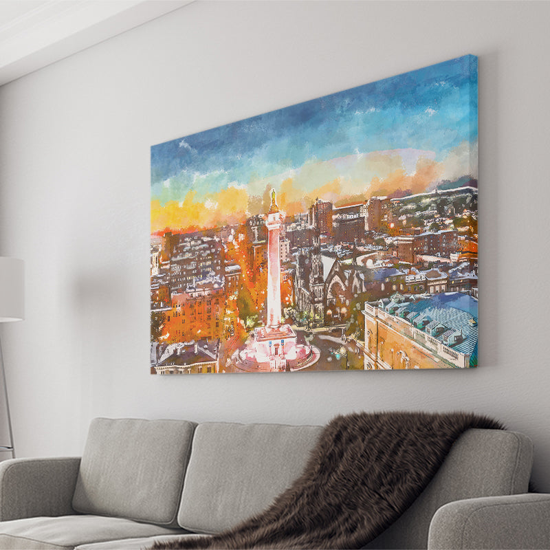 Baltimore Maryland Usa Cityscape Mt Vernon City Art Watercolor Canvas Prints Wall Art Home Decor, Large Canvas