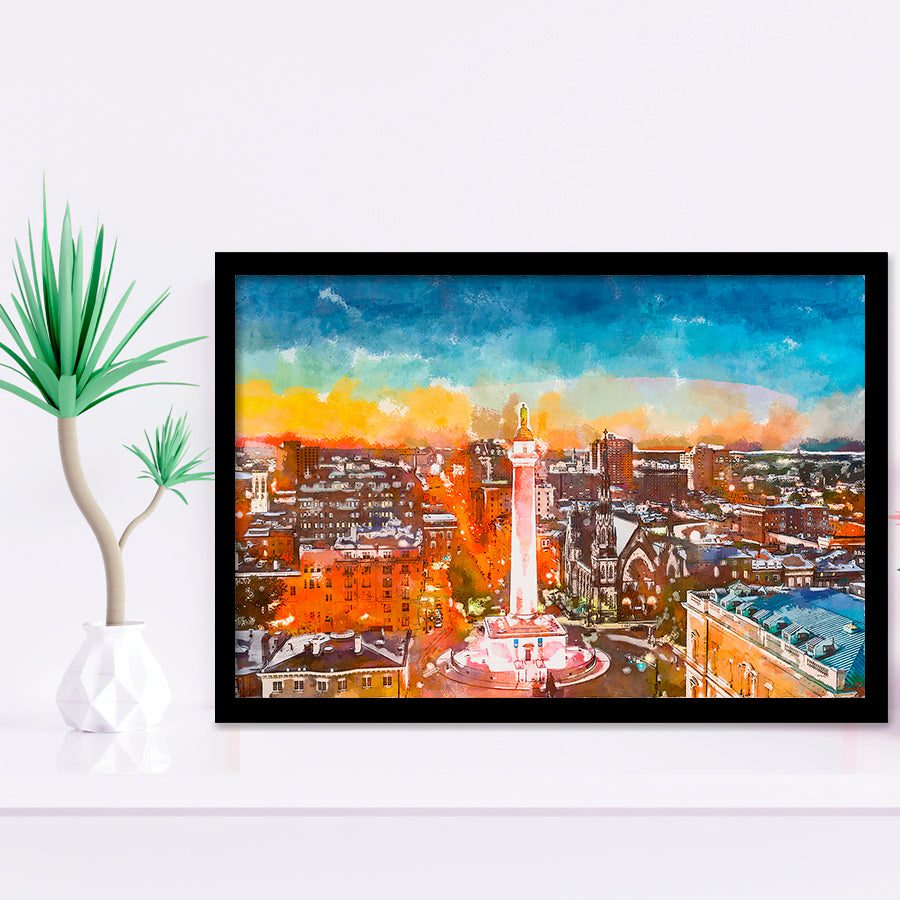 Baltimore Maryland Usa Cityscape Mt Vernon City Art Watercolor Framed Art Prints Wall Art Decor,Framed Picture
