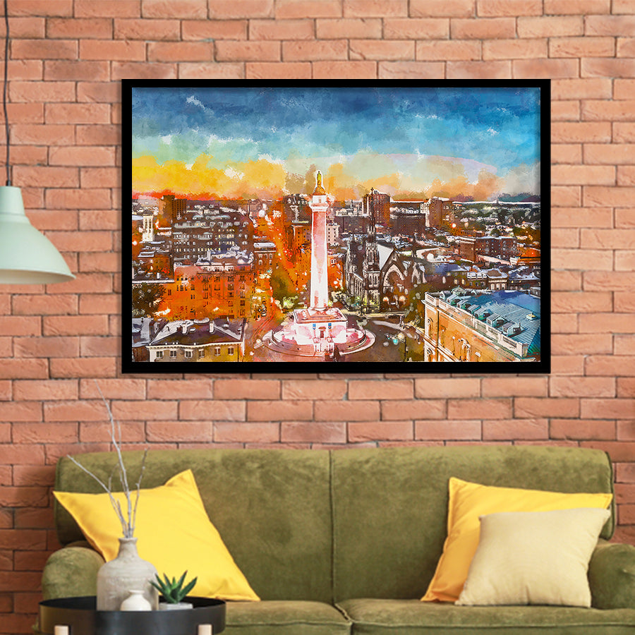 Baltimore Maryland Usa Cityscape Mt Vernon City Art Watercolor Framed Art Prints Wall Art Decor,Framed Picture