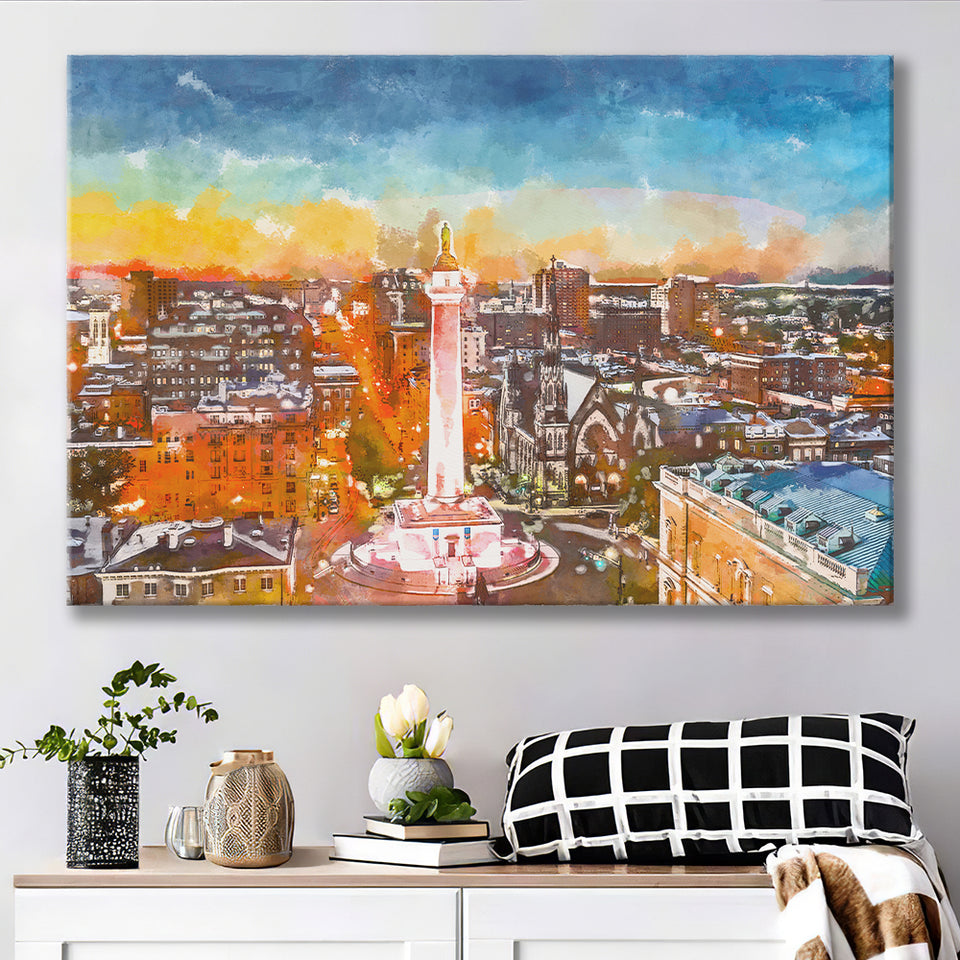 Baltimore Maryland Usa Cityscape Mt Vernon City Art Watercolor Canvas Prints Wall Art Home Decor, Large Canvas