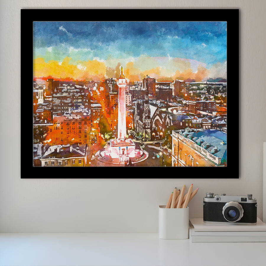 Baltimore Maryland Usa Cityscape Mt Vernon City Art Watercolor Framed Art Prints Wall Art Decor,Framed Picture