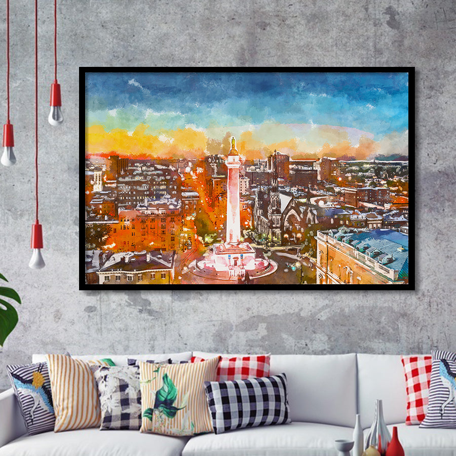 Baltimore Maryland Usa Cityscape Mt Vernon City Art Watercolor Framed Art Prints Wall Art Decor,Framed Picture