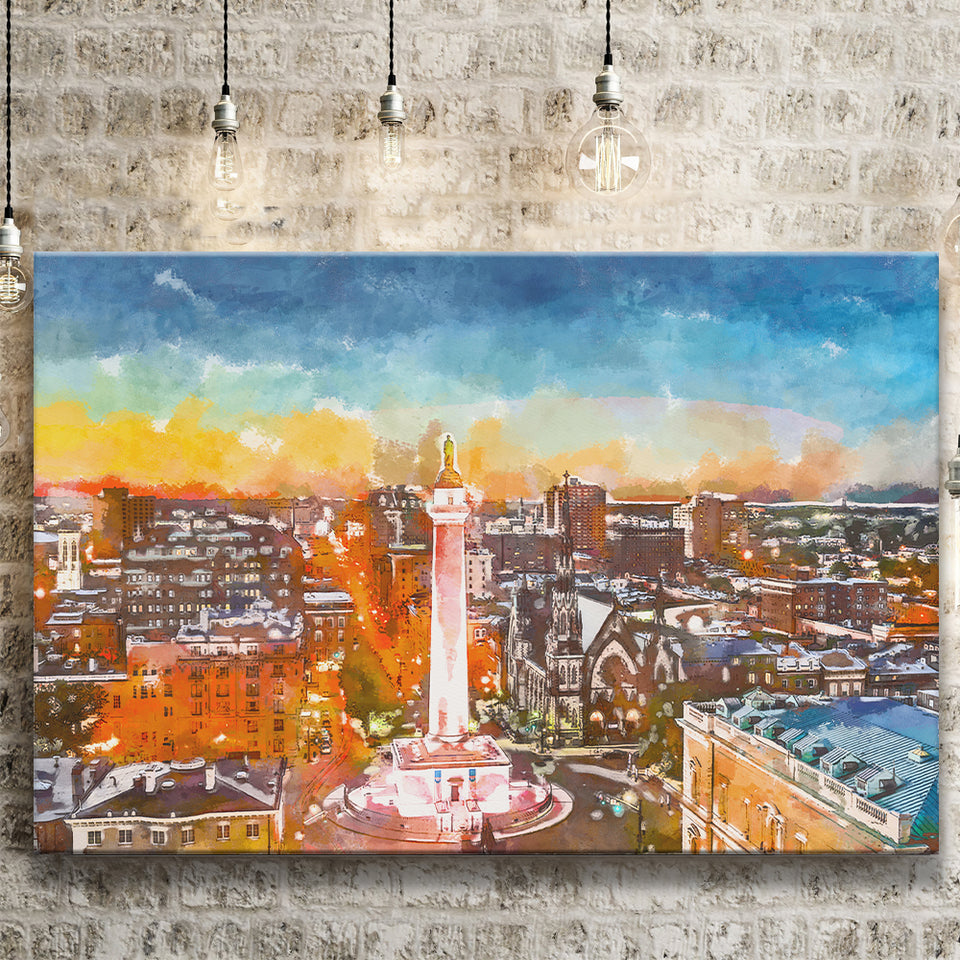 Baltimore Maryland Usa Cityscape Mt Vernon City Art Watercolor Canvas Prints Wall Art Home Decor, Large Canvas