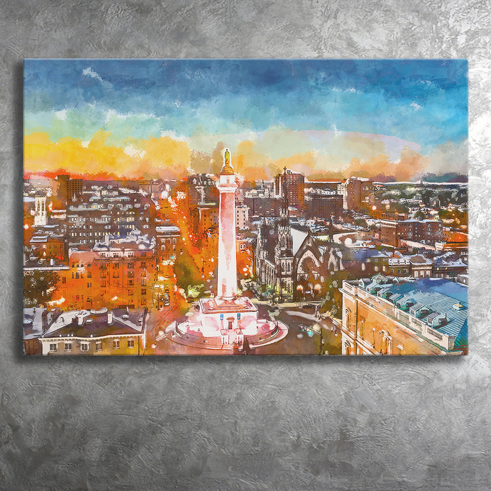 Baltimore Maryland Usa Cityscape Mt Vernon City Art Watercolor Canvas Prints Wall Art Home Decor, Large Canvas
