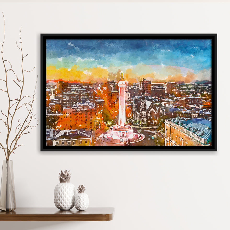 Baltimore Maryland Usa Cityscape Mt Vernon City Art Watercolor Framed Canvas Prints Wall Art Home Decor,Floating Frame