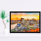 Baltimore Maryland Usa Downtown Cityscape Dusk City Art Watercolor Framed Art Prints Wall Art Decor,Framed Picture