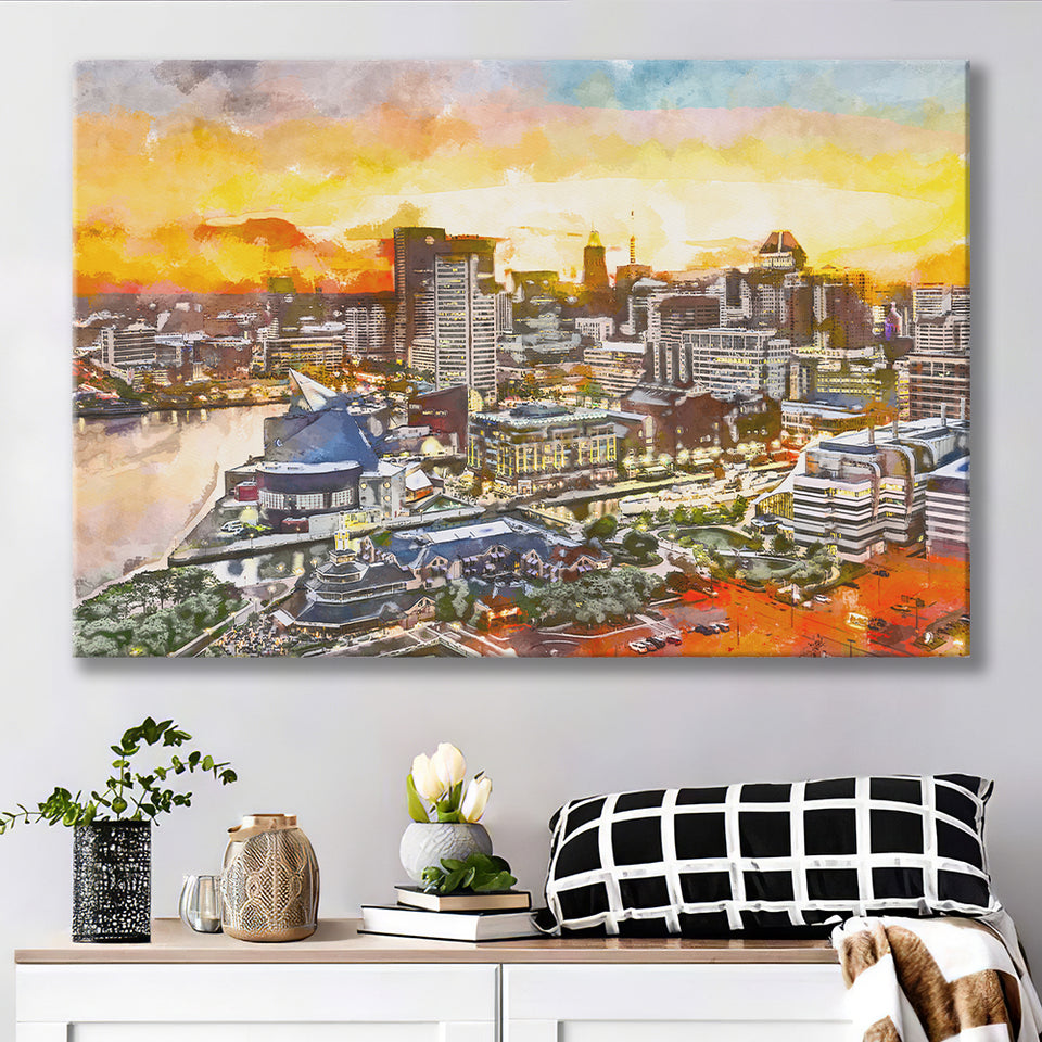Baltimore Maryland Usa Downtown Cityscape Dusk City Art Watercolor Canvas Prints Wall Art Home Decor, Large Canvas