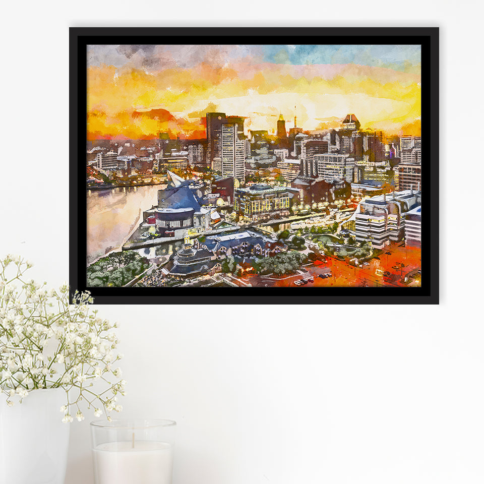 Baltimore Maryland Usa Downtown Cityscape Dusk City Art Watercolor Framed Canvas Prints Wall Art Home Decor,Floating Frame